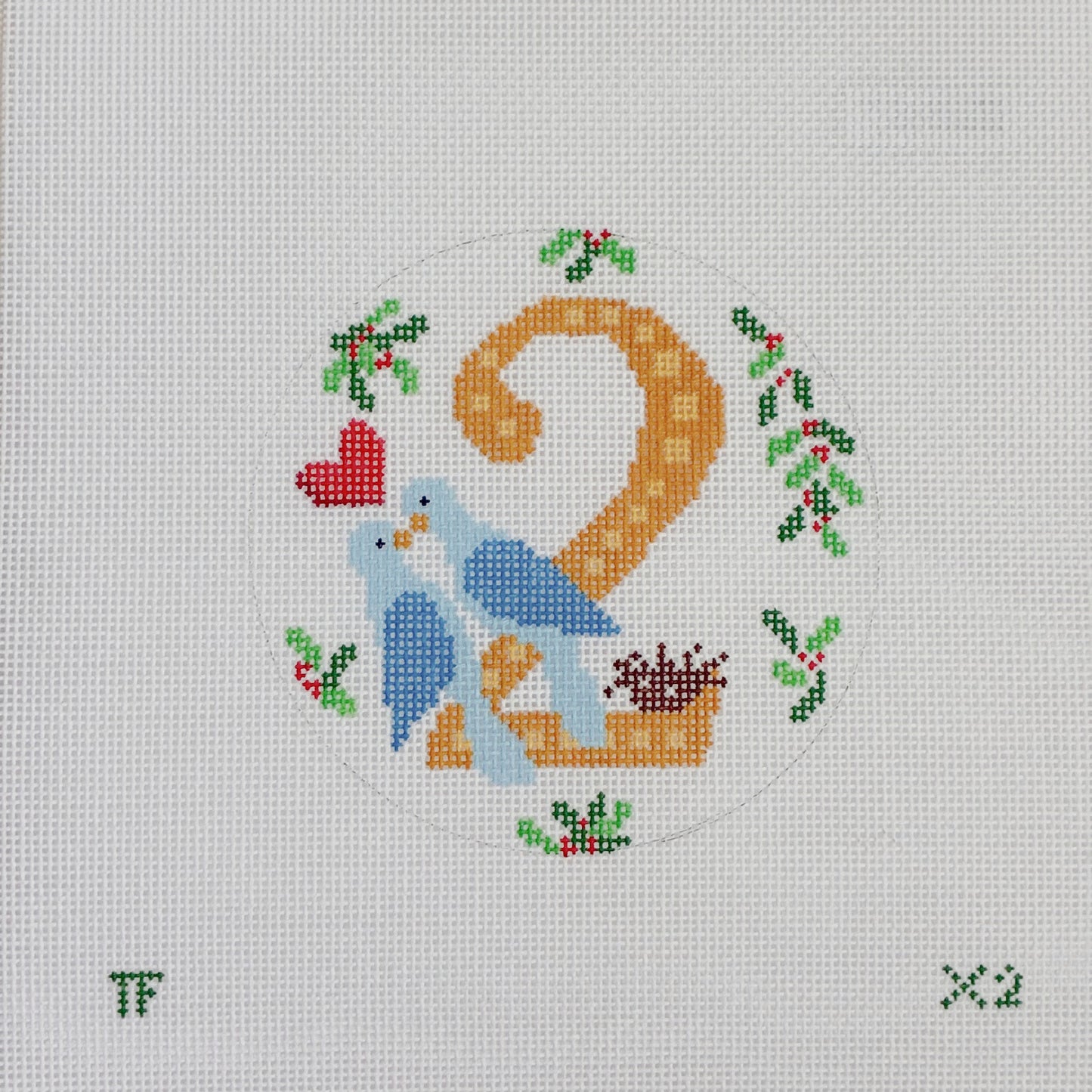 Day 2 - Two Turtledoves -  12 Days of Christmas Needlepoint Canvas Series